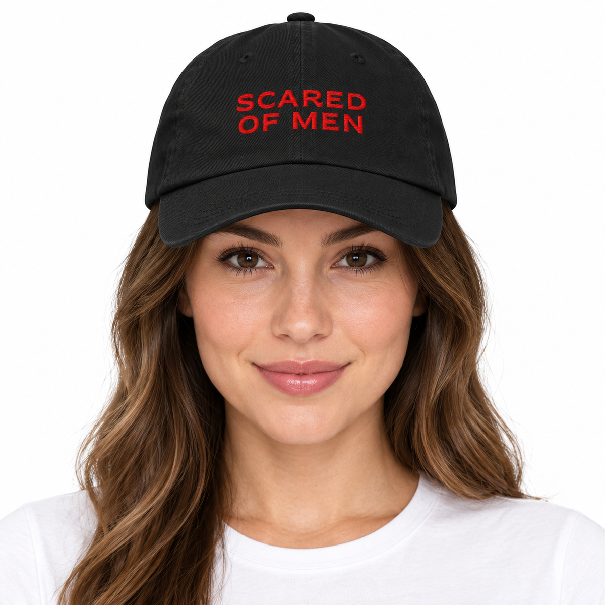SCARED OF MEN Adjustable Dad Hat — black Cap on woman model, white studio