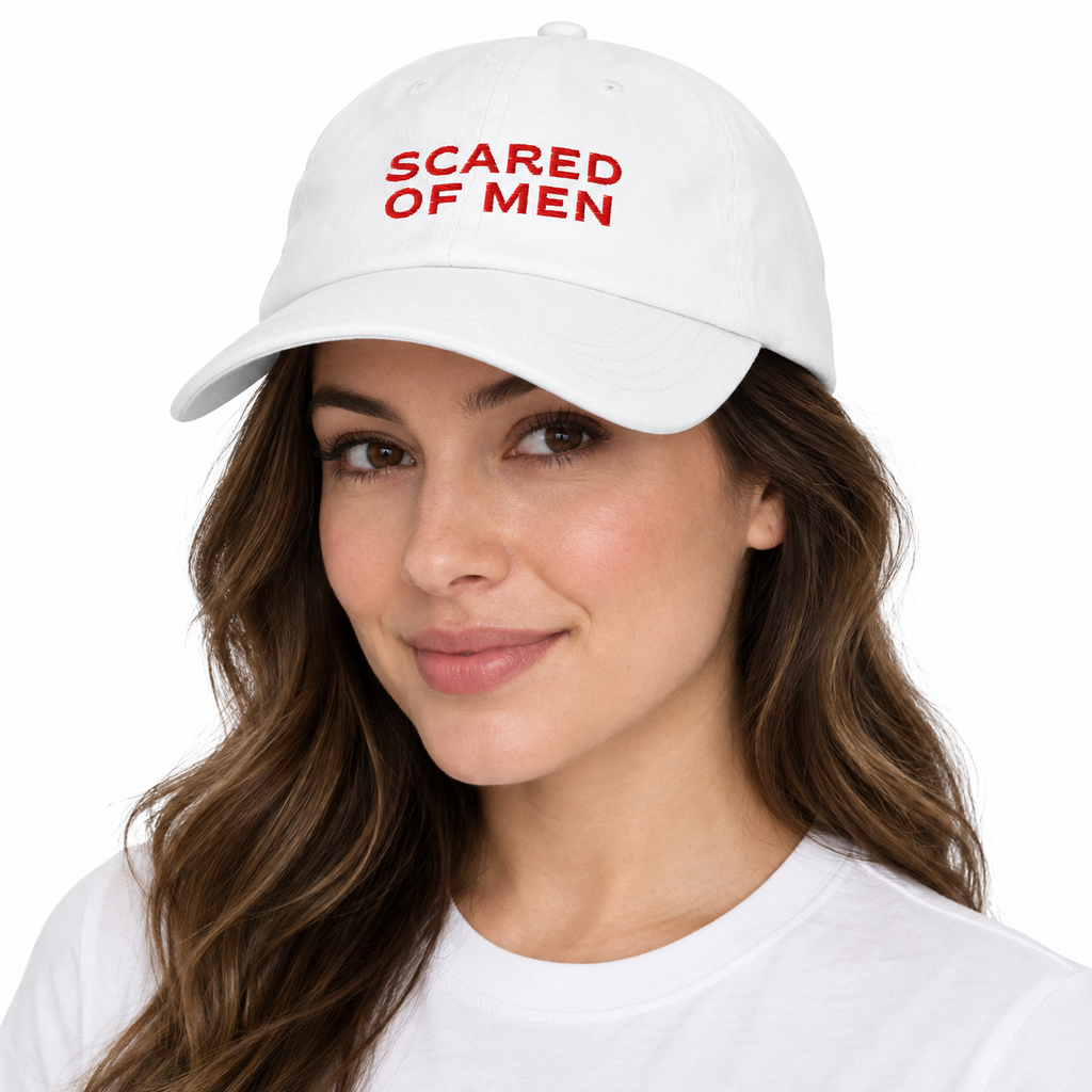 SCARED OF MEN Adjustable Dad Hat — white Cap on woman model, white studio