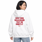 MALVICE N001 — FUCK YOUR OUIJA BOARD. TEXT ME DIRECTLY Oversized Hoodie — female model wearing white hoodie, back view, white studio