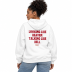 MALVICE N002 — LOOKING LIKE HEAVEN. TALKING LIKE HELL Oversized Hoodie — female model wearing white hoodie, back view, white studio