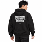 MALVICE N003 — PRETTY FACE. FILTHY MOUTH. DARK SOUL Oversized Hoodie — male model wearing black hoodie, back view, white studio
