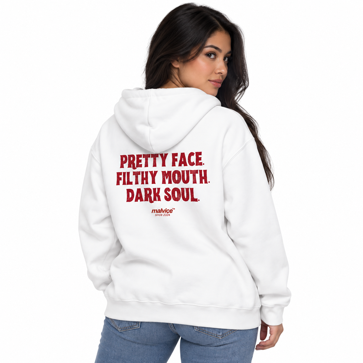 MALVICE N003 — PRETTY FACE. FILTHY MOUTH. DARK SOUL Oversized Hoodie — female model wearing white hoodie, back view, white studio