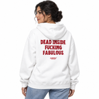 MALVICE N004 — DEAD INSIDE. FUCKING FABULOUS Oversized Hoodie — female model wearing white hoodie, back view, white studio