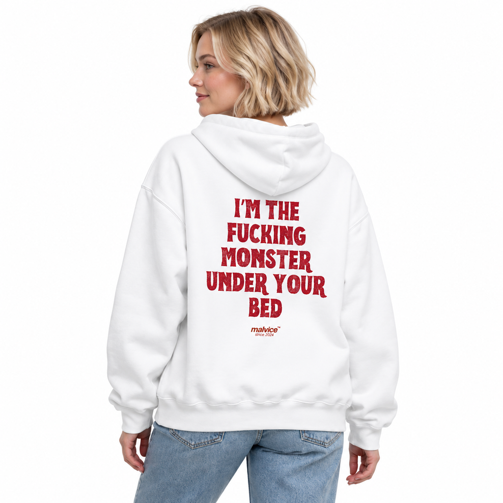 MALVICE N005 — I’M THE FUCKING MONSTER UNDER YOUR BED Oversized Hoodie — female model wearing white hoodie, back view, white studio