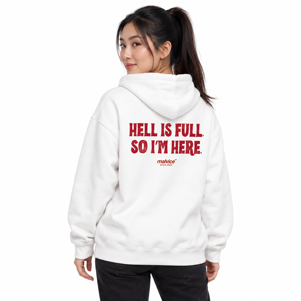 MALVICE N006 — HELL IS FULL. SO I’M HERE Oversized Hoodie — female model wearing white hoodie, back view, white studio