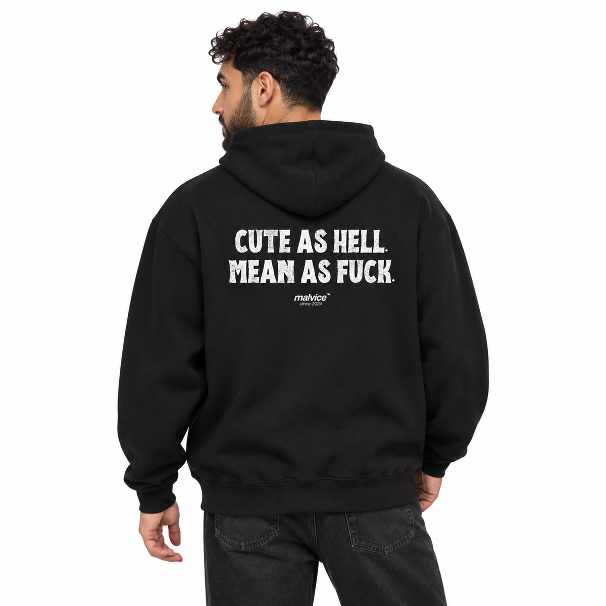 MALVICE N007 — CUTE AS HELL. MEAN AS FUCK Oversized Hoodie — male model wearing black hoodie, back view, white studio