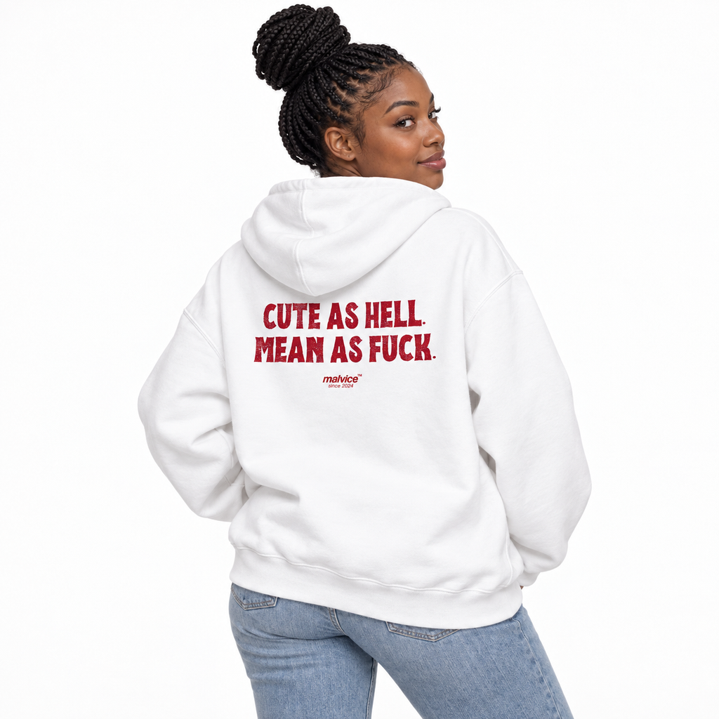 MALVICE N007 — CUTE AS HELL. MEAN AS FUCK Oversized Hoodie — female model wearing white hoodie, back view, white studio
