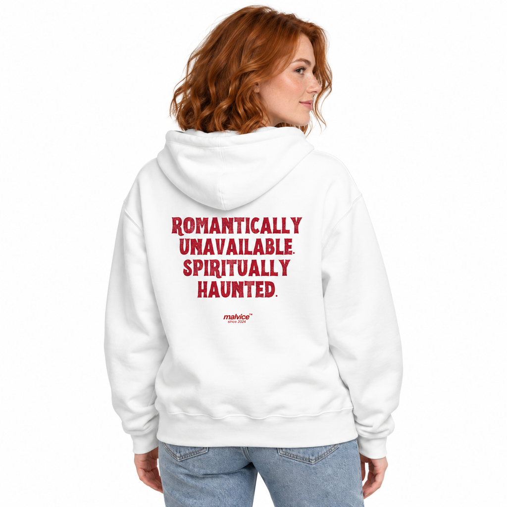 MALVICE N008 — ROMANTICALLY UNAVAILABLE. SPIRITUALLY HAUNTED Oversized Hoodie — female model wearing white hoodie, back view, white studio