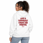 MALVICE N009 — LOVE IS TEMPORARY. CURSES ARE FOREVER Oversized Hoodie — female model wearing white hoodie, back view, white studio