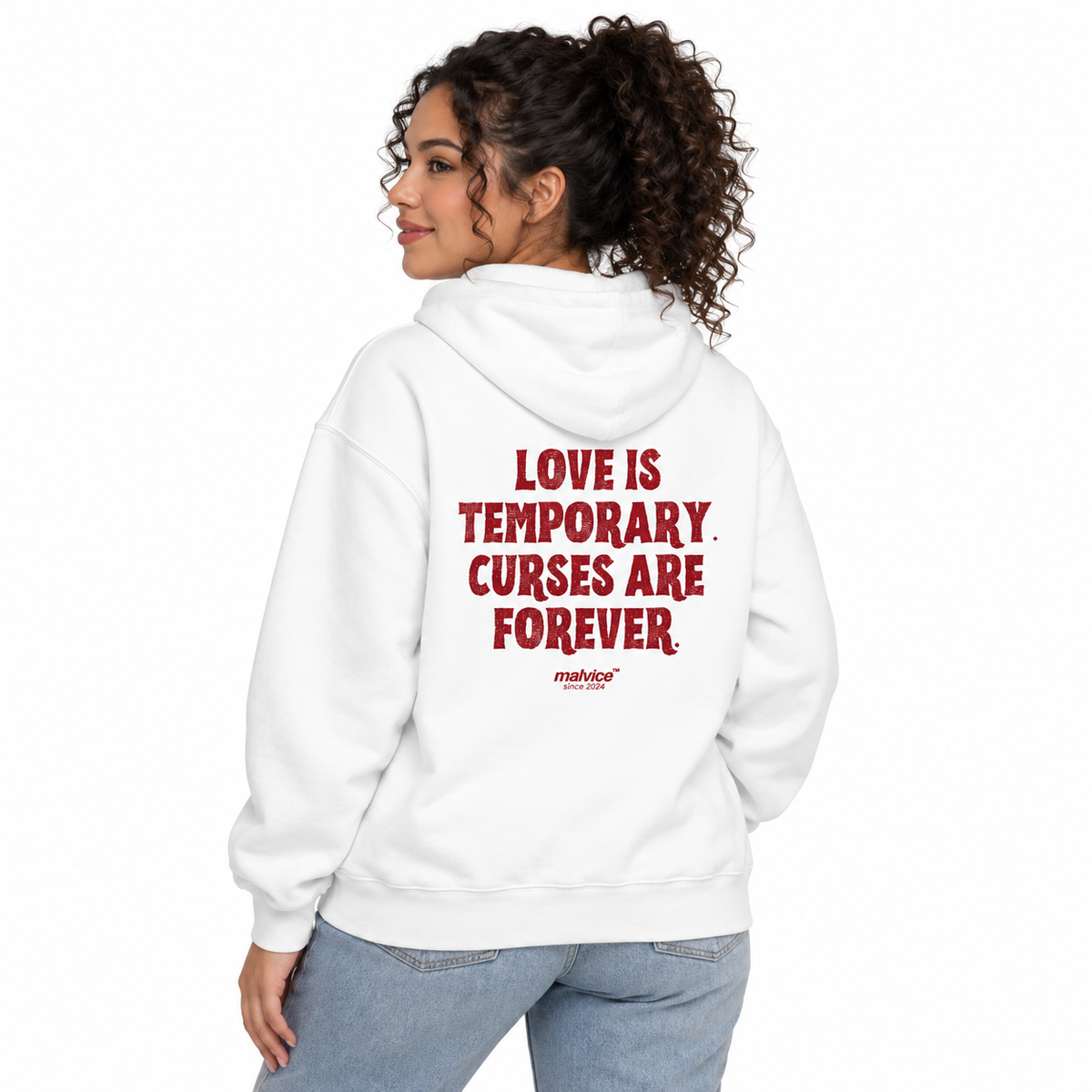 MALVICE N009 — LOVE IS TEMPORARY. CURSES ARE FOREVER Oversized Hoodie — female model wearing white hoodie, back view, white studio