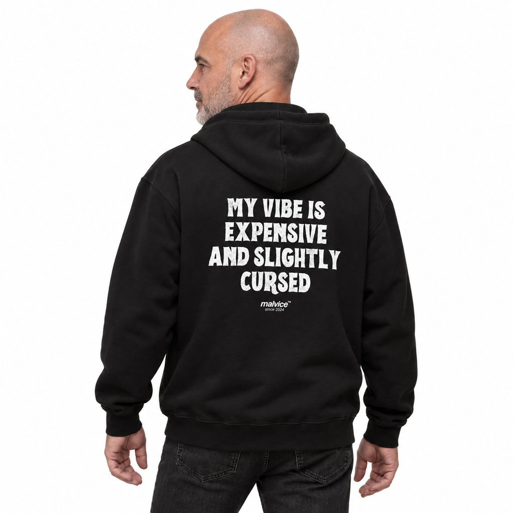 MALVICE N010 — MY VIBE IS EXPENSIVE AND SLIGHTLY CURSED Oversized Hoodie — male model wearing black hoodie, back view, white studio