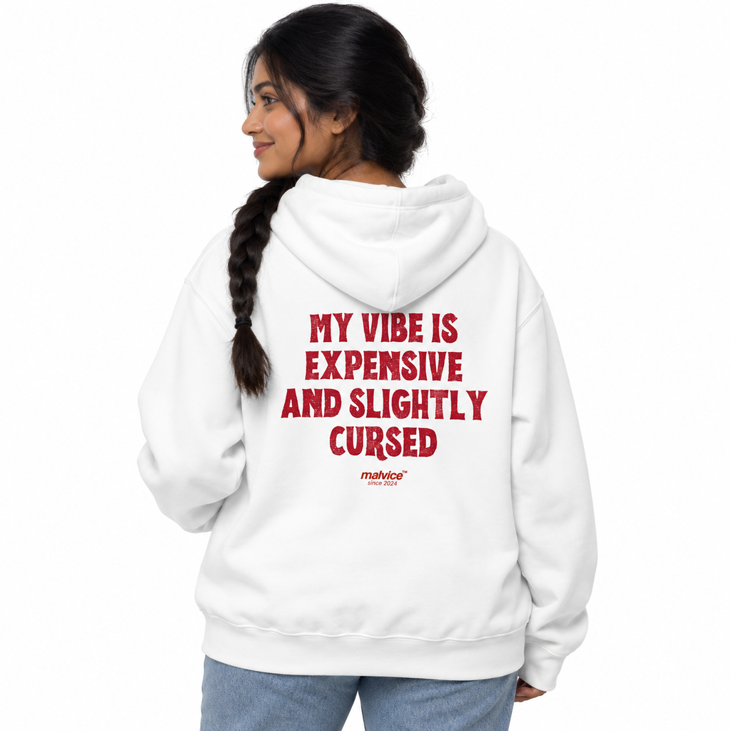 MALVICE N010 — MY VIBE IS EXPENSIVE AND SLIGHTLY CURSED Oversized Hoodie — female model wearing white hoodie, back view, white studio