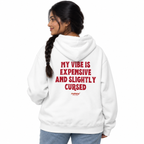 MALVICE N010 — MY VIBE IS EXPENSIVE AND SLIGHTLY CURSED Oversized Hoodie — female model wearing white hoodie, back view, white studio