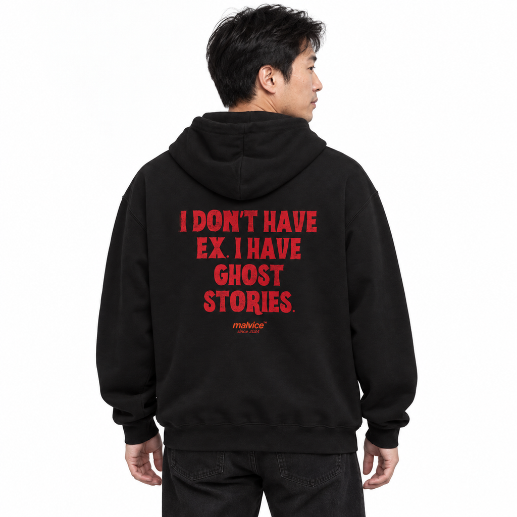 N013 I DON’T HAVE EX. I HAVE GHOST STORIES Oversized Hoodie — black hoodie on male model, white studio — MALVICE