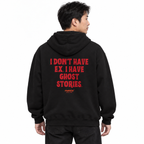 N013 I DON’T HAVE EX. I HAVE GHOST STORIES Oversized Hoodie — black hoodie on male model, white studio — MALVICE
