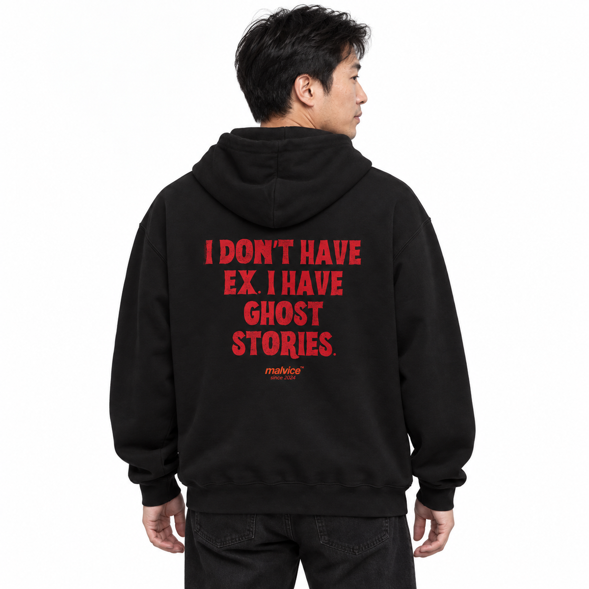 N013 I DON’T HAVE EX. I HAVE GHOST STORIES Oversized Hoodie — black hoodie on male model, white studio — MALVICE