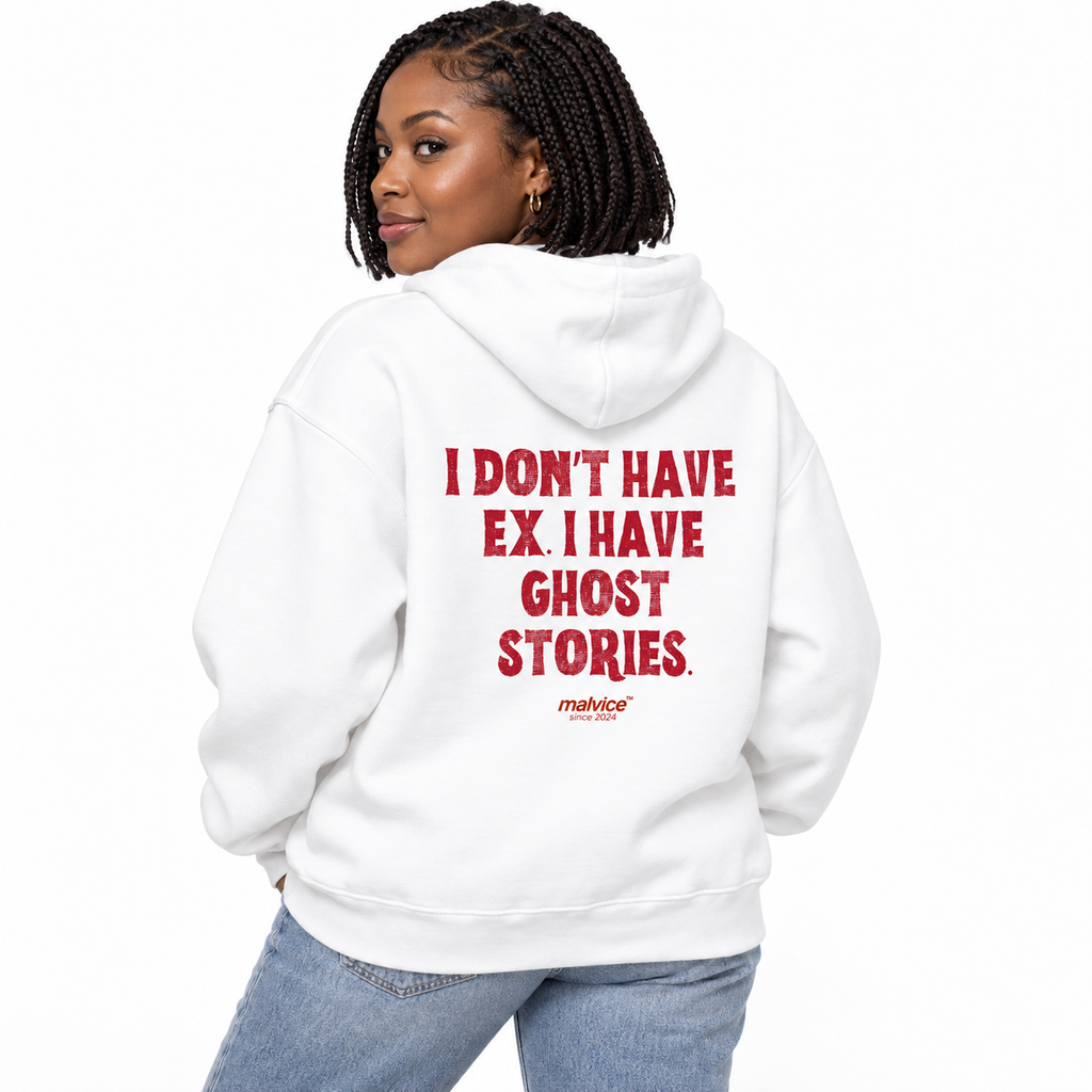 N013 I DON’T HAVE EX. I HAVE GHOST STORIES Oversized Hoodie — white hoodie on female model, white studio — MALVICE