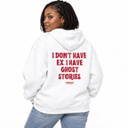 N013 I DON’T HAVE EX. I HAVE GHOST STORIES Oversized Hoodie — white hoodie on female model, white studio — MALVICE