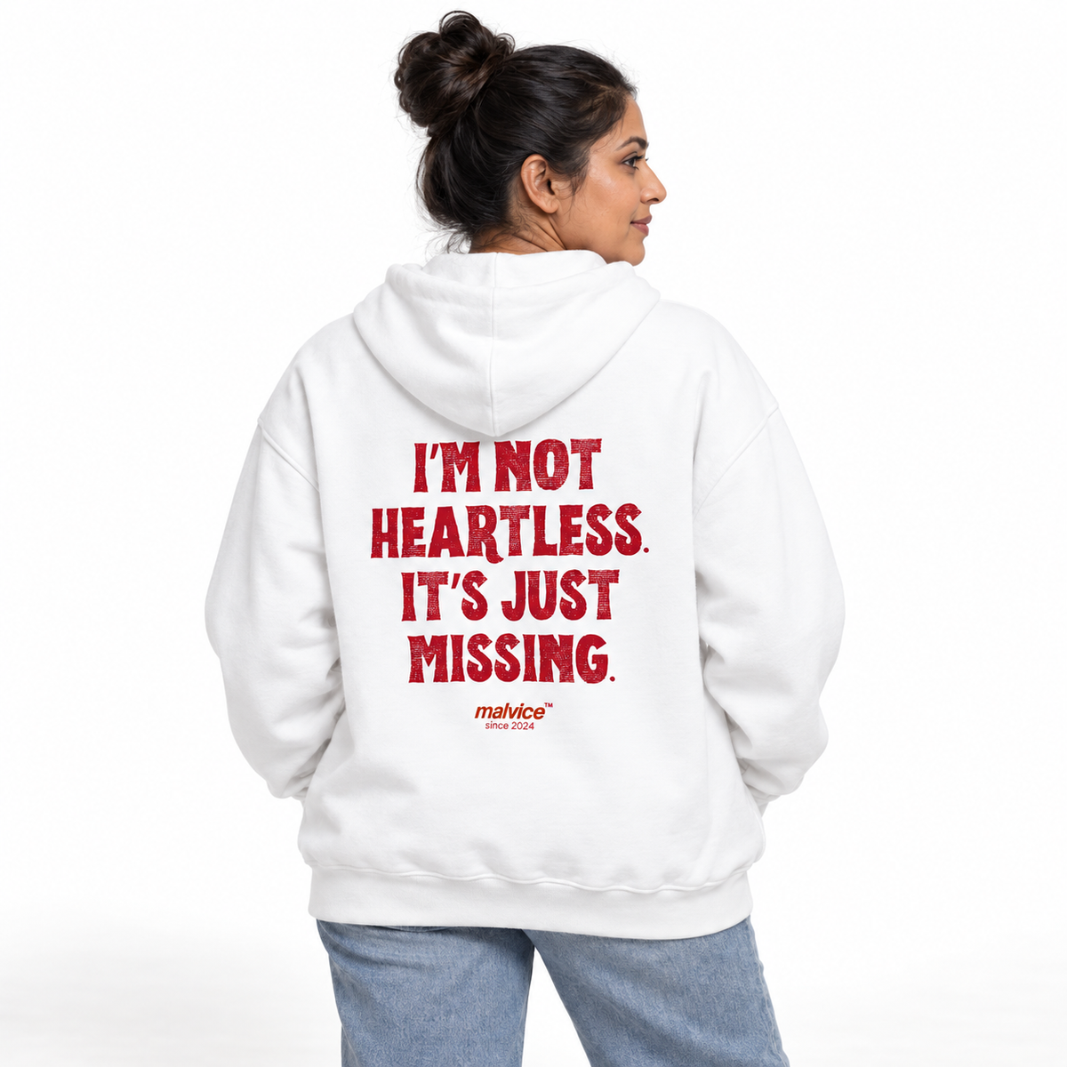 N014 I’M NOT HEARTLESS. IT’S JUST MISSING Oversized Hoodie — white hoodie on female model, white studio — MALVICE