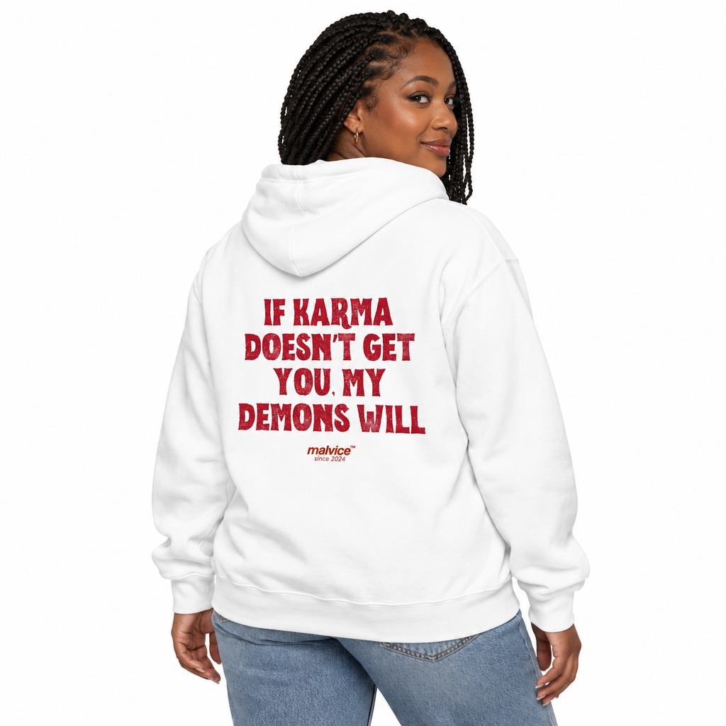 N015 IF KARMA DOESN’T GET YOU, MY DEMONS WILL Oversized Hoodie — white hoodie on female model, white studio — MALVICE