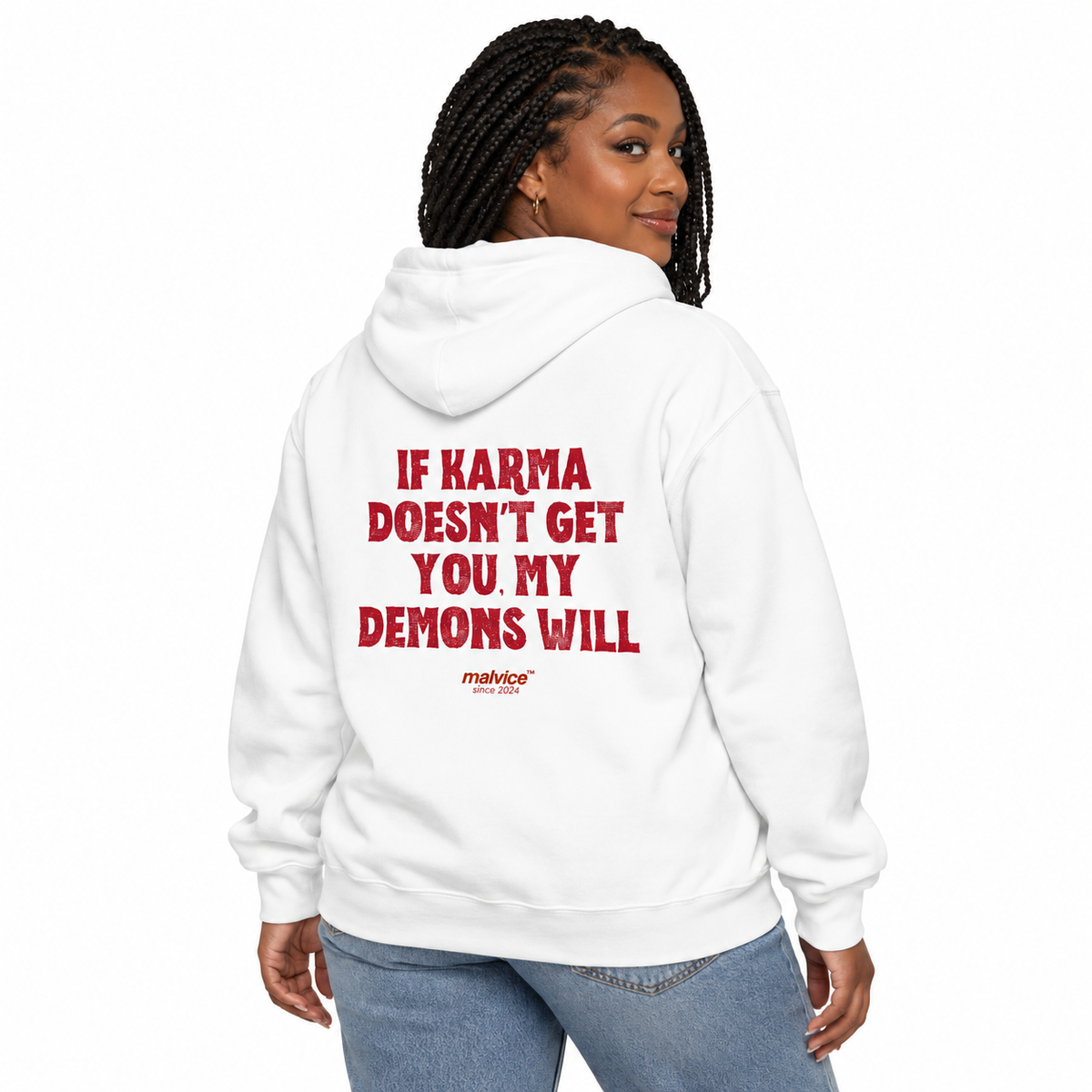 N015 IF KARMA DOESN’T GET YOU, MY DEMONS WILL Oversized Hoodie — white hoodie on female model, white studio — MALVICE