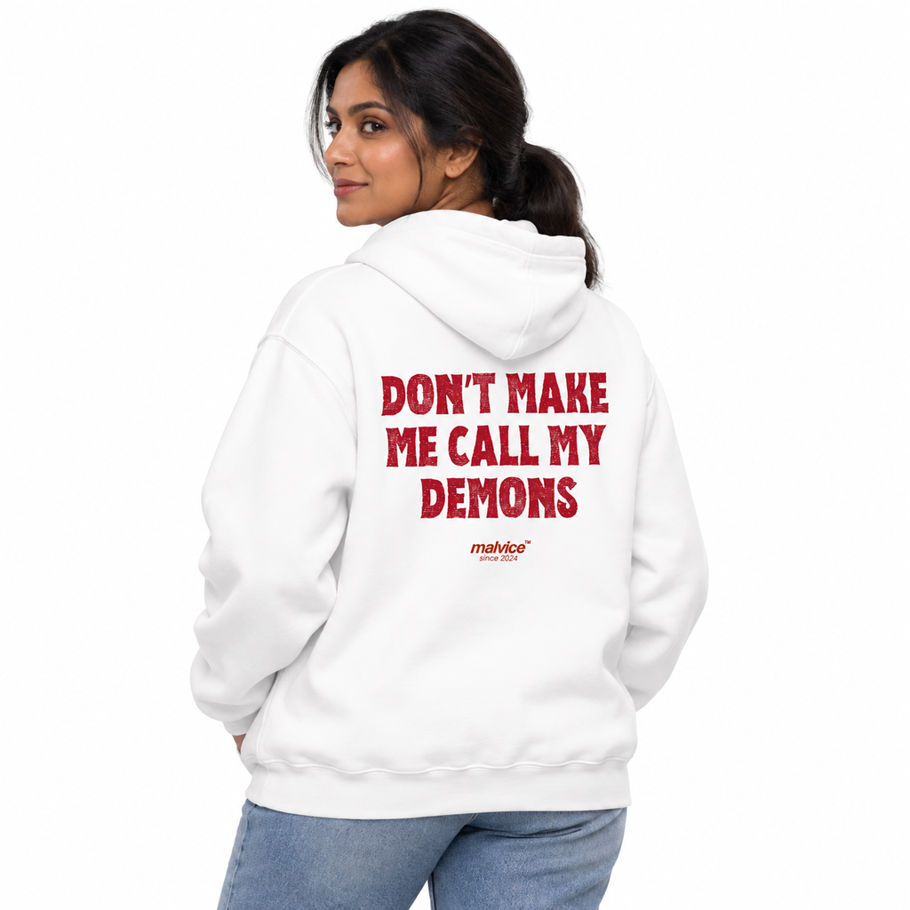 N016 DON’T MAKE ME CALL MY DEMONS Oversized Hoodie — white hoodie on female model, white studio — MALVICE