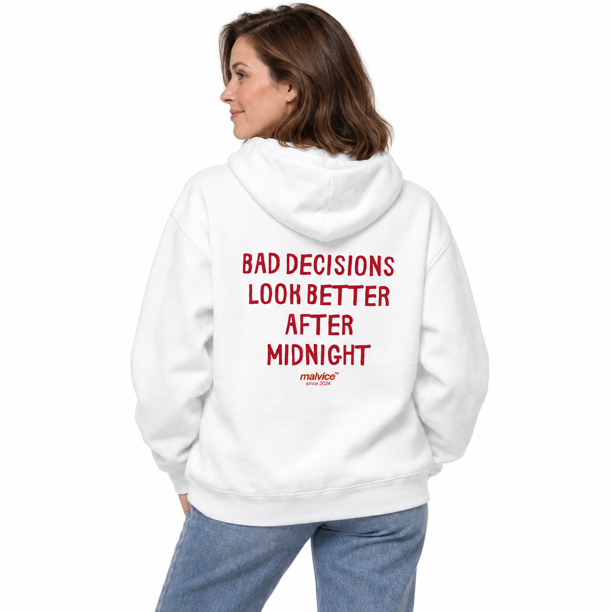N017 BAD DECISIONS LOOK BETTER AFTER MIDNIGHT Oversized Hoodie — white hoodie on female model, white studio — MALVICE