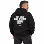 N019 NOT A RED FLAG. A WHOLE HORROR STORY Oversized Hoodie — black hoodie on male model, white studio — MALVICE