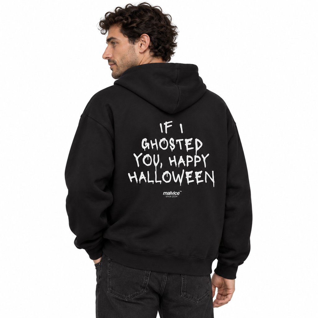 N020 IF I GHOSTED YOU, HAPPY HALLOWEEN Oversized Hoodie — black hoodie on male model, white studio — MALVICE
