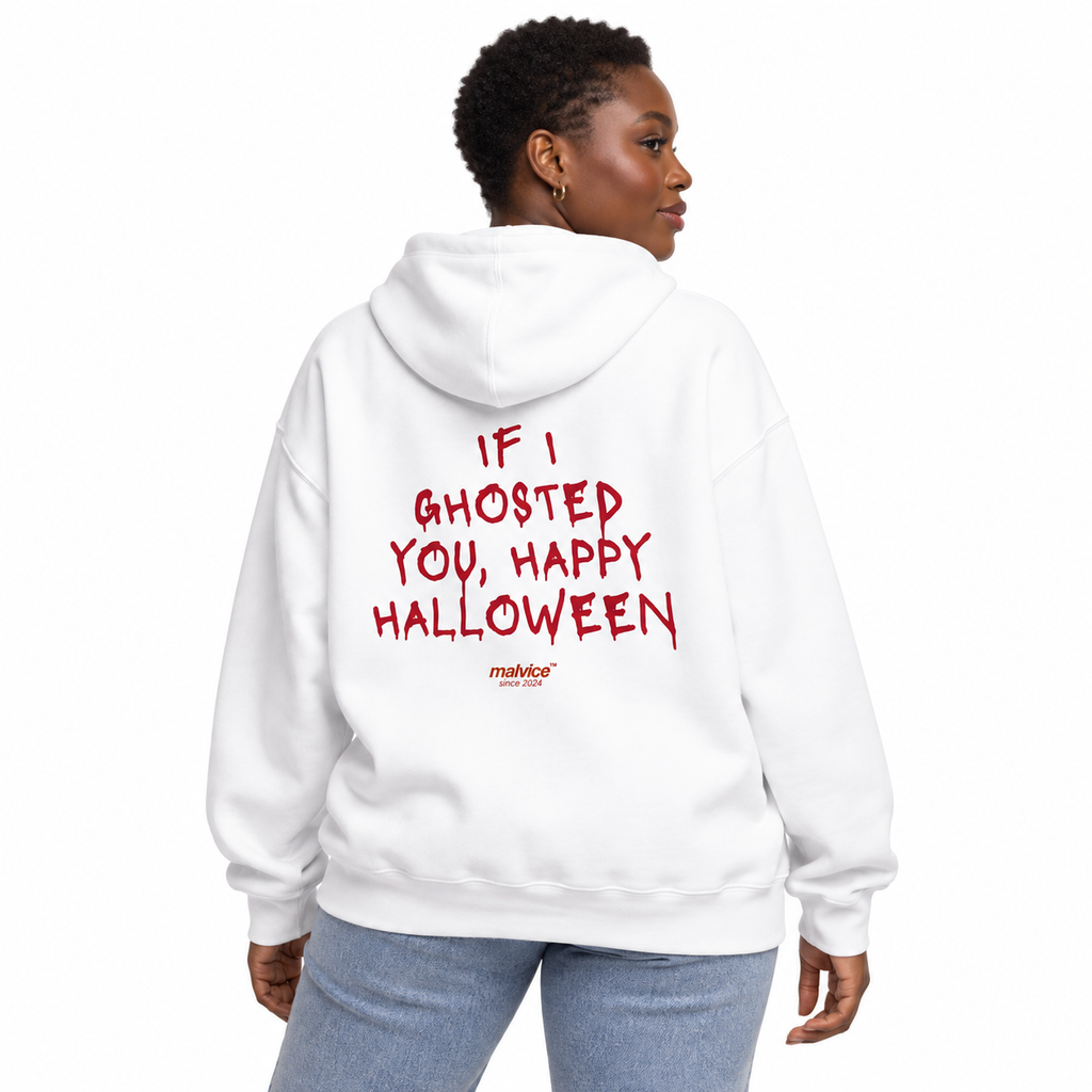 N020 IF I GHOSTED YOU, HAPPY HALLOWEEN Oversized Hoodie — white hoodie on female model, white studio — MALVICE