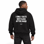 N021 — I ONLY DATE RED FLAGS AFTER DARK Oversized Hoodie — black oversized hoodie on male model, back view, white studio — MALVICE