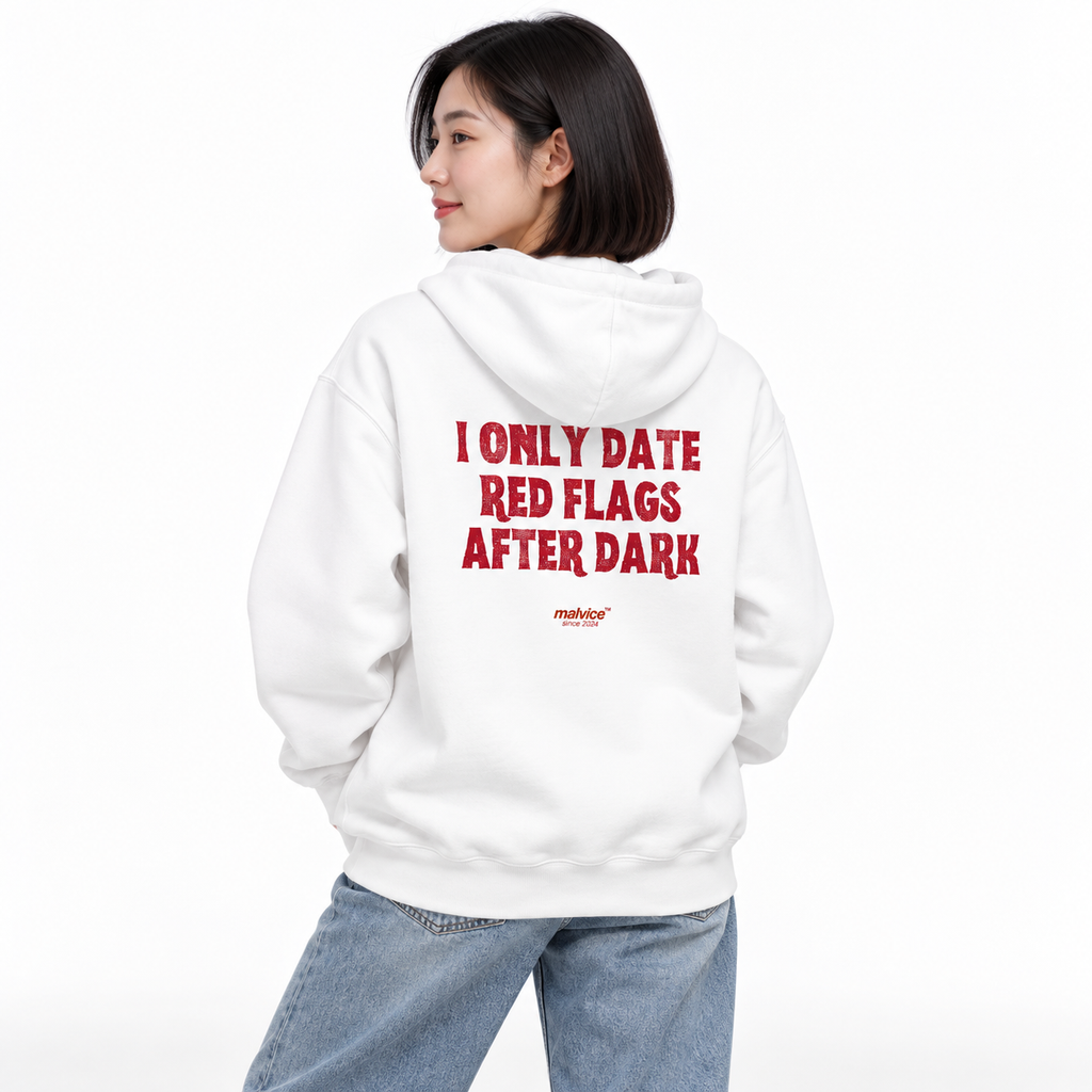 N021 — I ONLY DATE RED FLAGS AFTER DARK Oversized Hoodie — white oversized hoodie on female model, back view, white studio — MALVICE