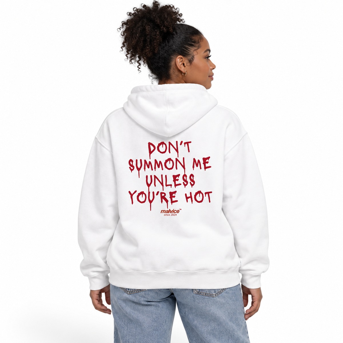 N022 — DON’T SUMMON ME UNLESS YOU’RE HOT Oversized Hoodie — white oversized hoodie on female model, back view, white studio — MALVICE