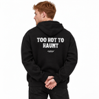 N026 — TOO HOT TO HAUNT Oversized Hoodie — black oversized hoodie on male model, back view, white studio — MALVICE