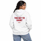 N026 — TOO HOT TO HAUNT Oversized Hoodie — white oversized hoodie on female model, back view, white studio — MALVICE
