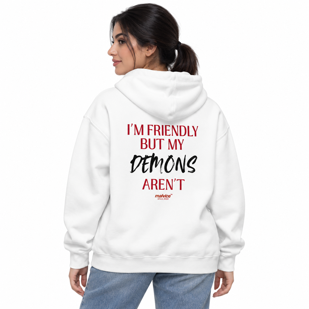 N028 — I’M FRIENDLY BUT MY DEMONS AREN’T Oversized Hoodie — white oversized hoodie on female model, back view, white studio — MALVICE