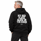 N029 — MY RED FLAGS GLOW IN THE DARK Oversized Hoodie — black oversized hoodie on male model, back view, white studio — MALVICE